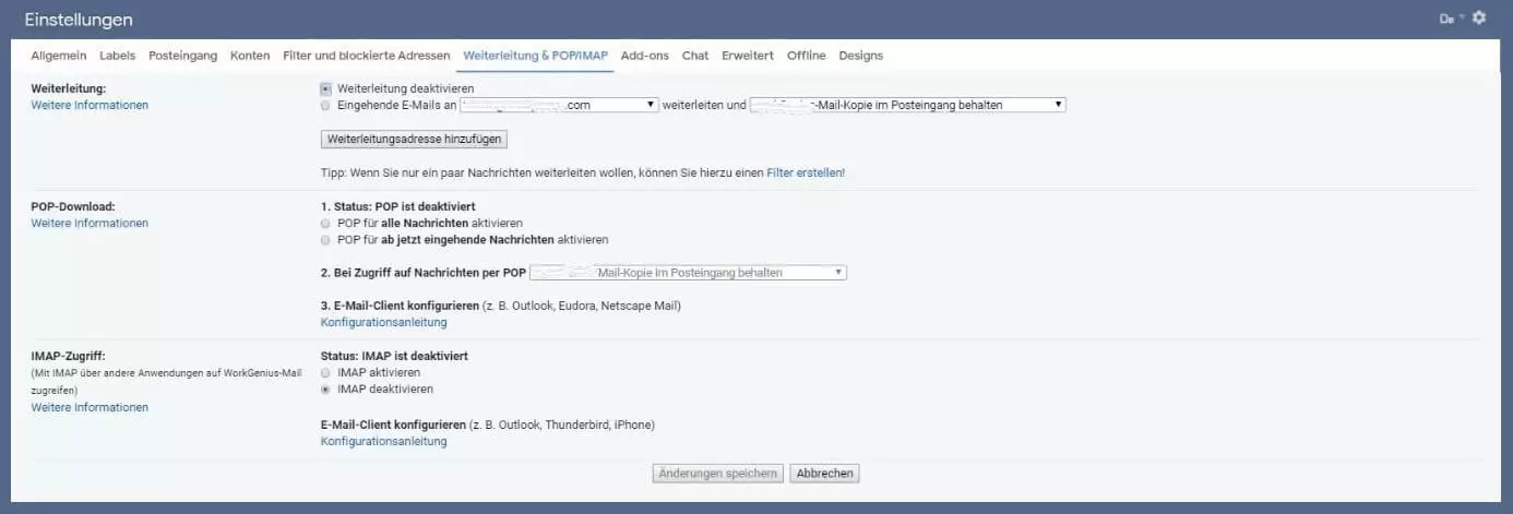 Bild: Deaktivierung der Gmail-Weiterleitung