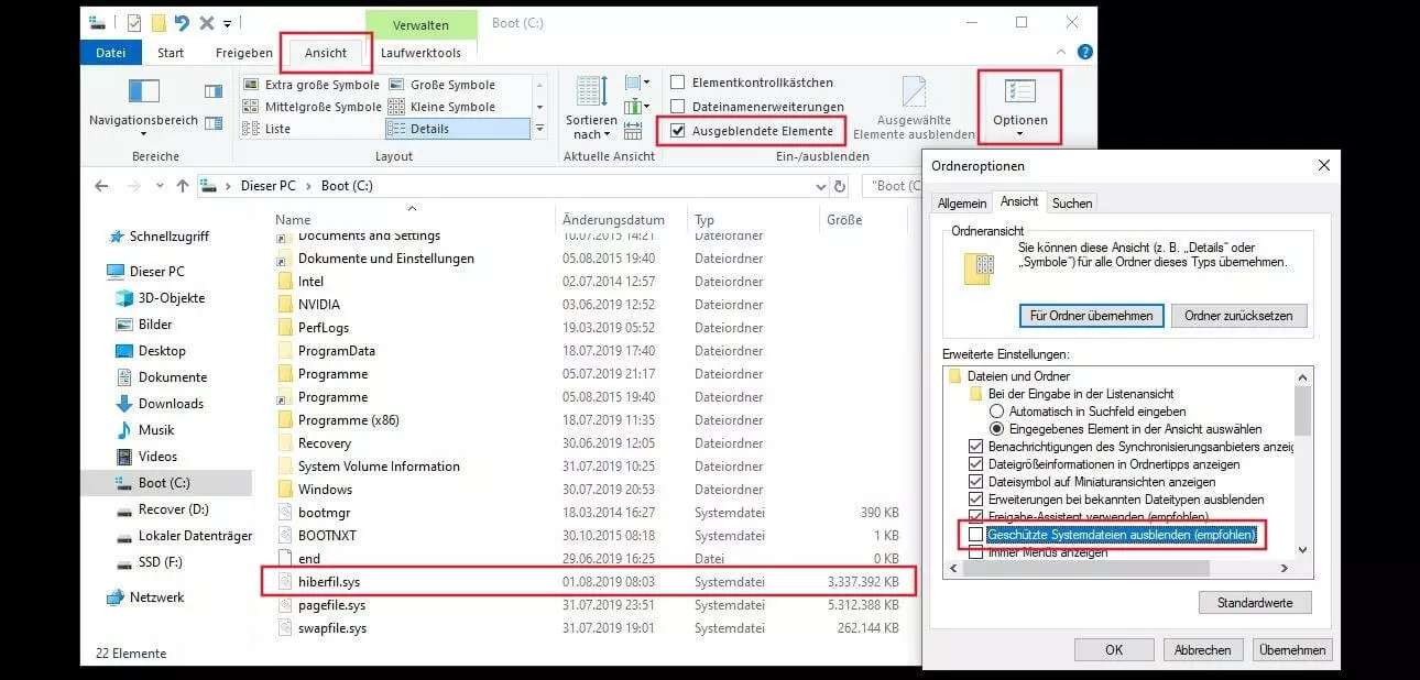 Bild: Sichtbare hiberfil.sys-Datei im Ausgangsverzeichnis der Windows-Partition