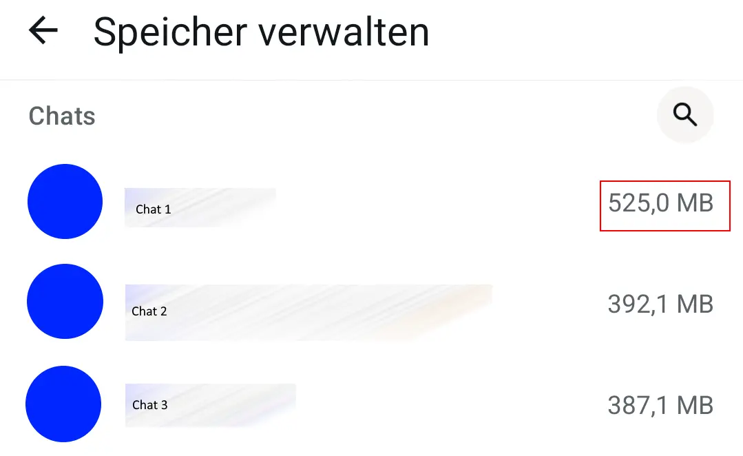 Bild: Android-Screenshot der WhatsApp-Speicherverwaltung mit Fokus auf den ausgetauschten Datenmengen in Chats
