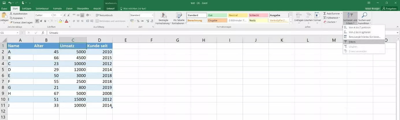 Bild: Excel-Tabelle ohne Filter-/Sortierfunktion