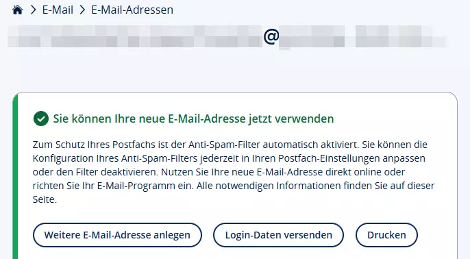 Meldung nach erfolgreicher Adress-Einrichtung im IONOS-Kundenkonto Bild: Meldung nach erfolgreicher Adress-Einrichtung im IONOS-Kundenkonto