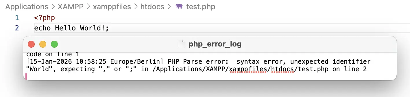 Bild: Im Log finden Sie eine Fehlermeldung: Parse error