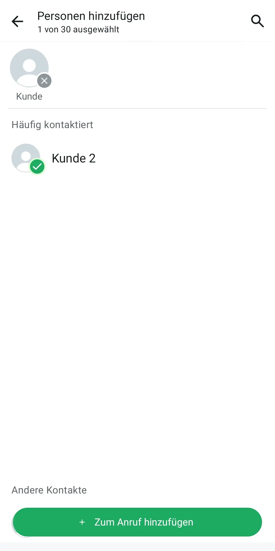 Bild: WhatsApp: Weiteren Kontakt mit der Suchfunktion suchen und durch Anklicken hinzufügen