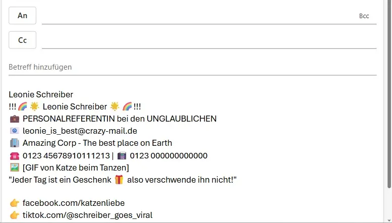 E-Mail-Signatur geschäftlich: Beispiel für verspieltes Design Bild: E-Mail-Signatur geschäftlich: Beispiel für verspieltes Design