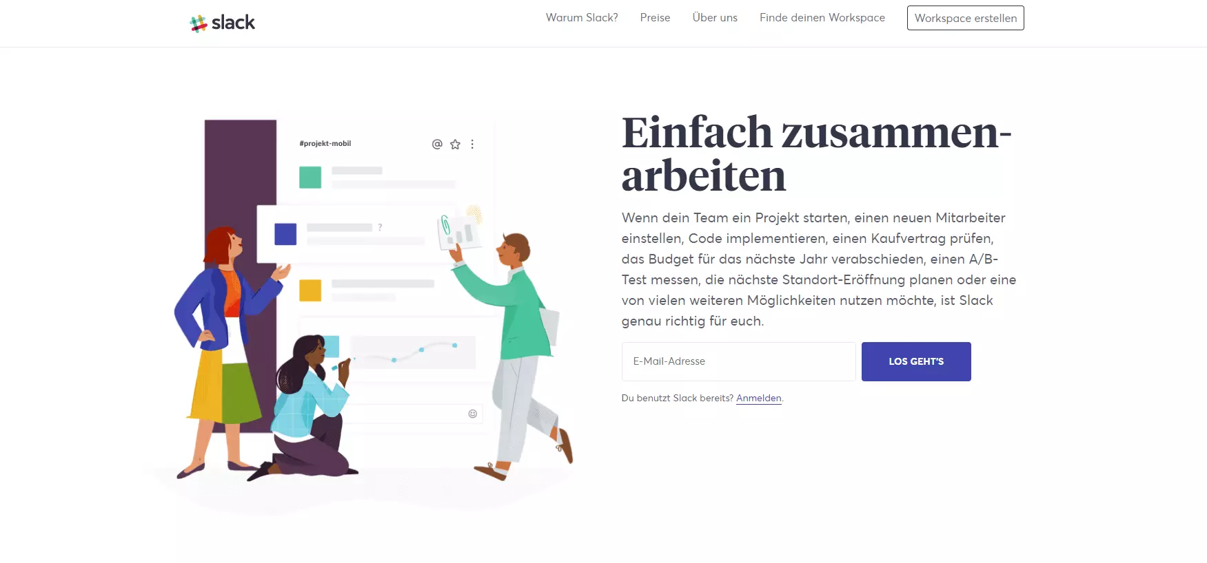 Die Startseite von Slack