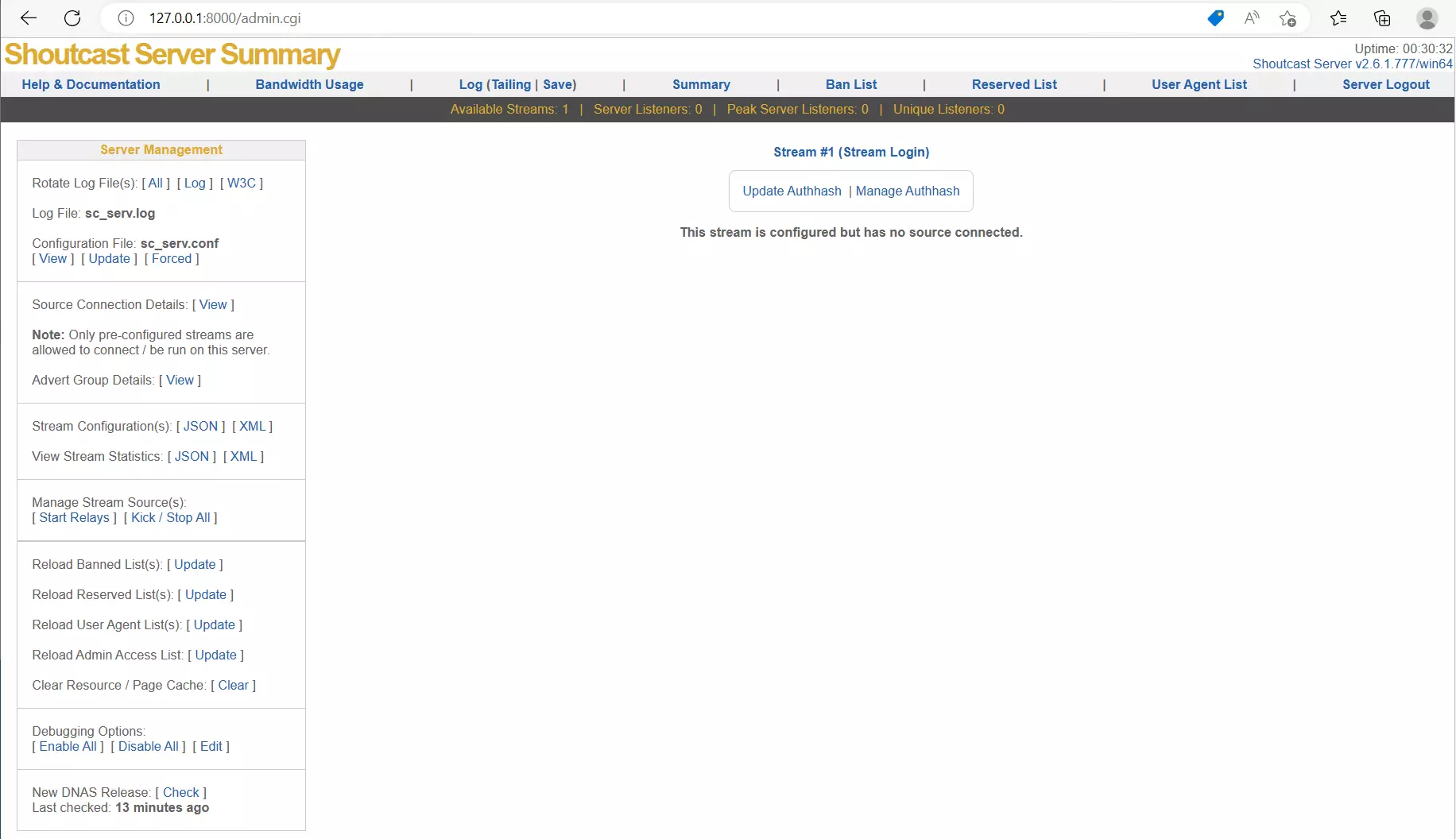 Screenshot vom Admin-Dashboard des Shoutcast Servers
