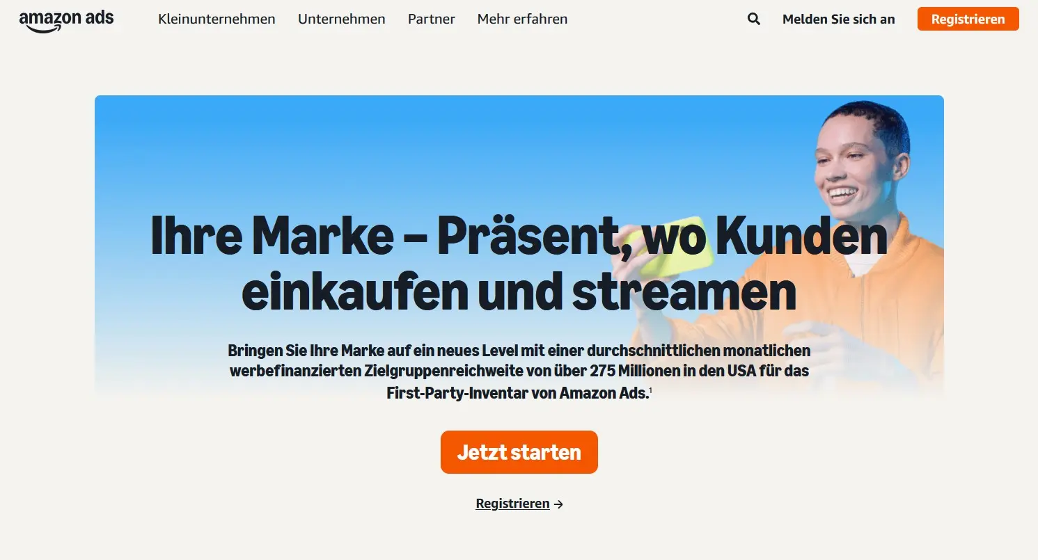 Bild: Startseite von Amazon Ads mit Einstiegsbereich zur Registrierung und zum Start von Werbekampagnen