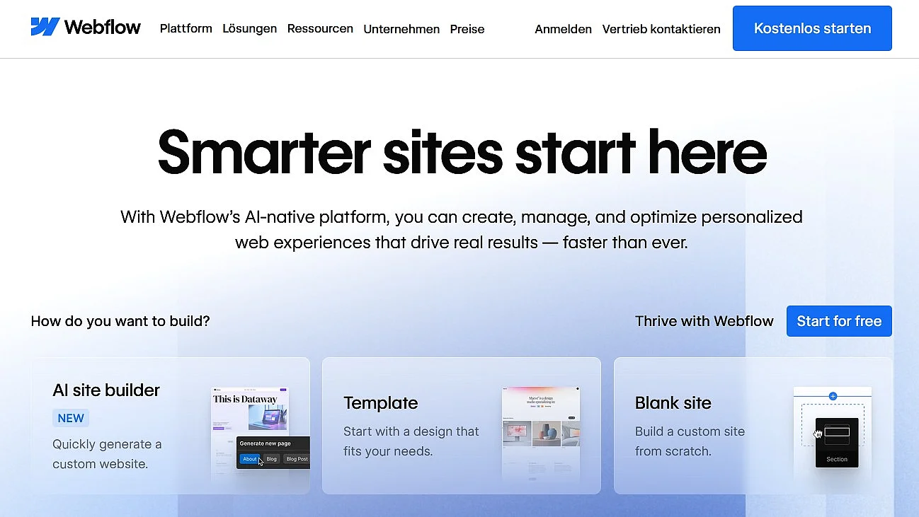 Homepage von Webflow Bild: Homepage von Webflow