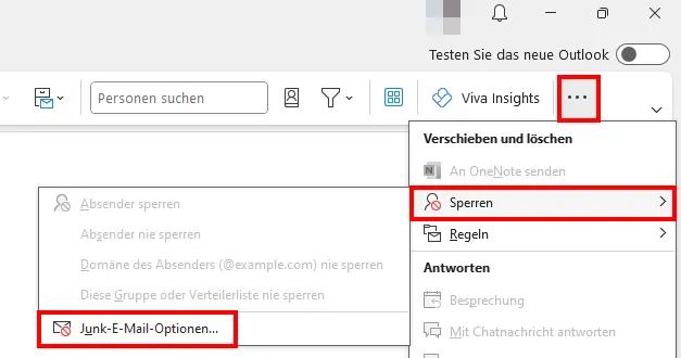 Junk-E-Mail-Optionen im vereinfachten Menüband von Outlook Bild: Junk-E-Mail-Optionen im vereinfachten Menüband von Outlook