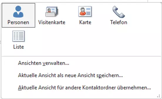Die Anzeigeoptionen zur Kontakteliste unter „Aktuelle Ansicht“ im Reiter „Start“ Die Anzeigeoptionen zur Kontakteliste unter „Aktuelle Ansicht“ im Reiter „Start“