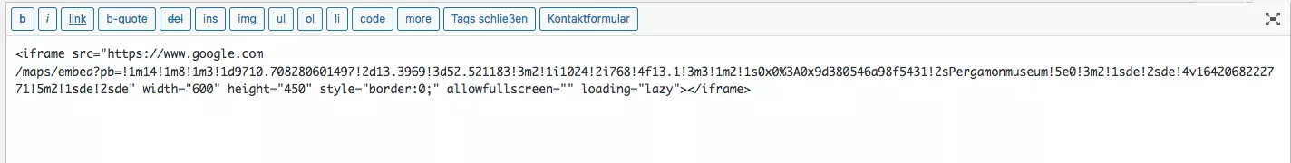 Screenshot des Einbettungscodes bei WordPress
