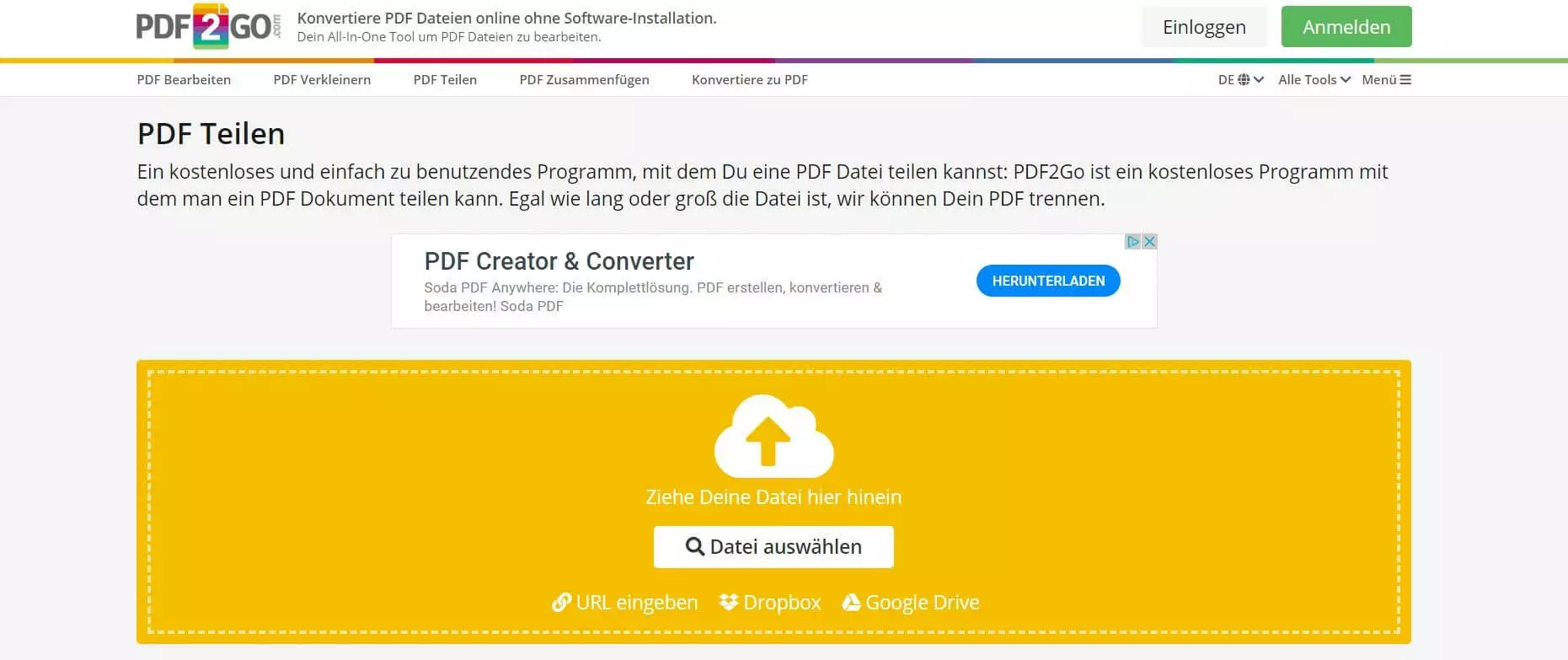 Die Website von PDF2GO zum Teilen von PDFs