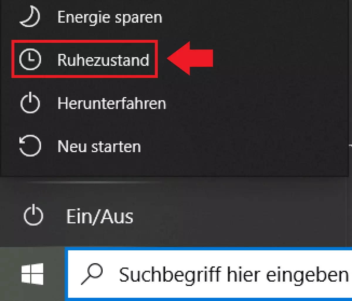 Bild: Windows 10: Option „Ruhezustand“ im Windows-Startmenü