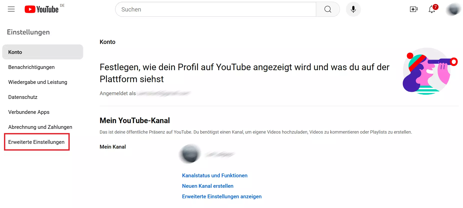 „Erweiterte Einstellungen“ im YouTube-Menü „Erweiterte Einstellungen“ im YouTube-Menü