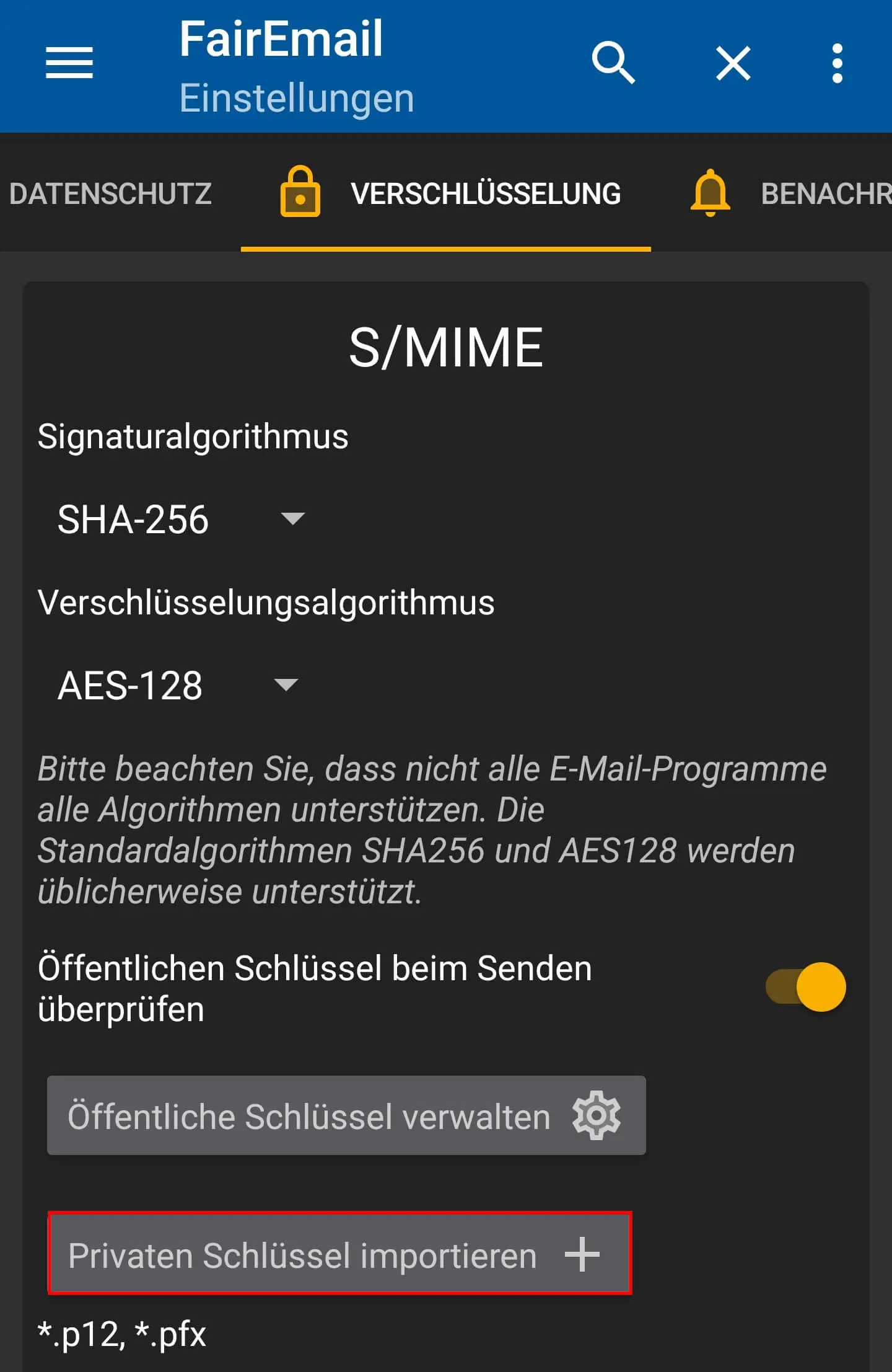 Bild: FairEmail: Schlüssel importieren