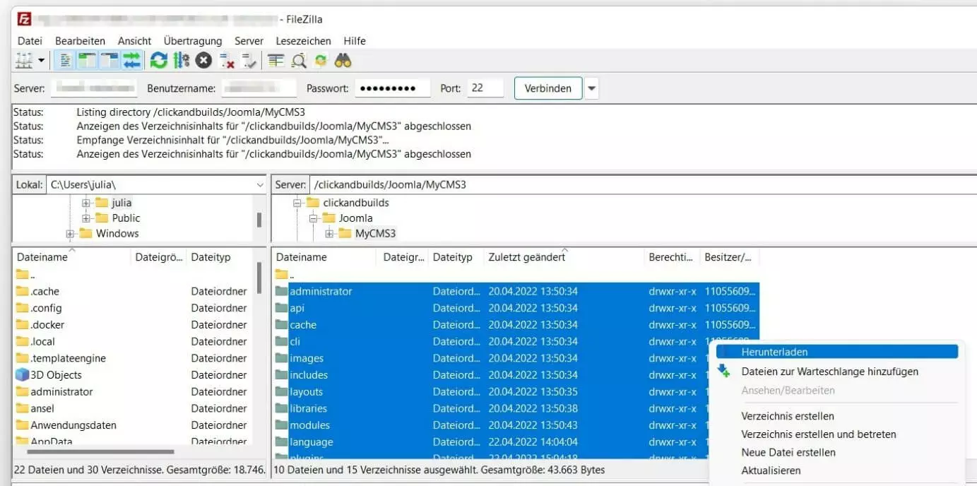 Bild: FileZilla: Joomla-Backup (Webspace)