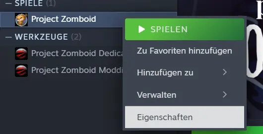 Bild: Menü „Spieleigenschaften“ von Project Zomboid in Steam