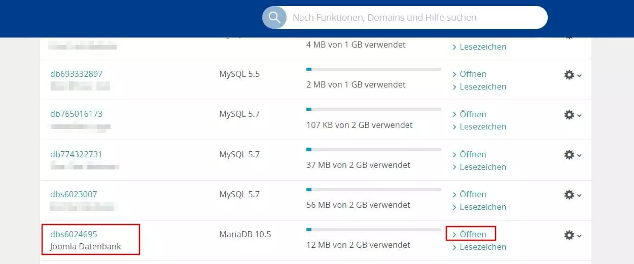 Bild: Datenbank-Auflistung im IONOS Cloud Panel