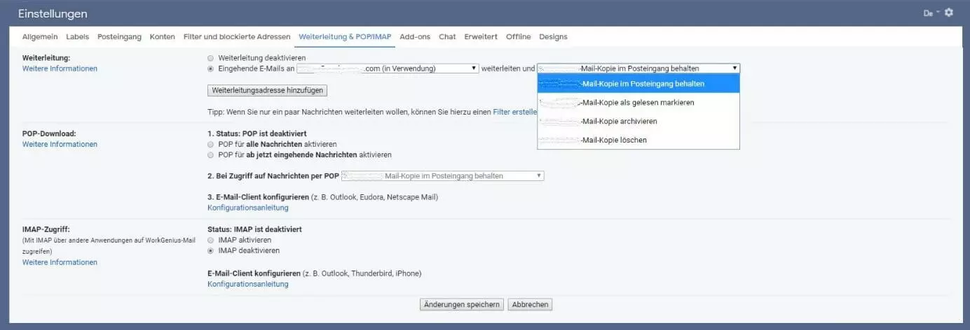 Bild: Gmail-Weiterleitungsauswahl