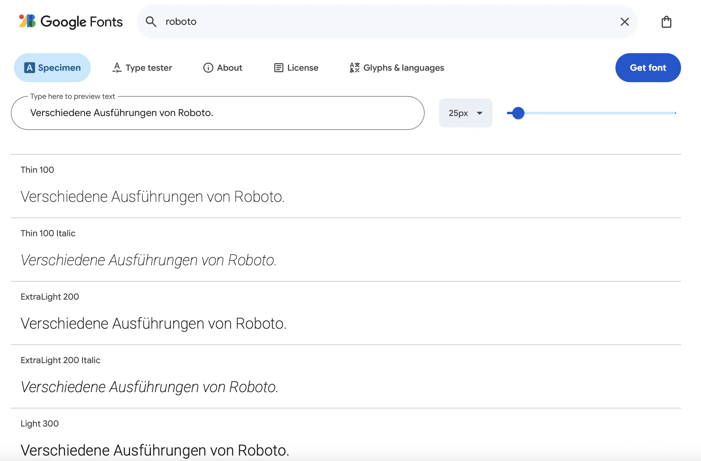 Bild: Verschiedene Ausführungen des Webfonts Roboto bei Google Fonts