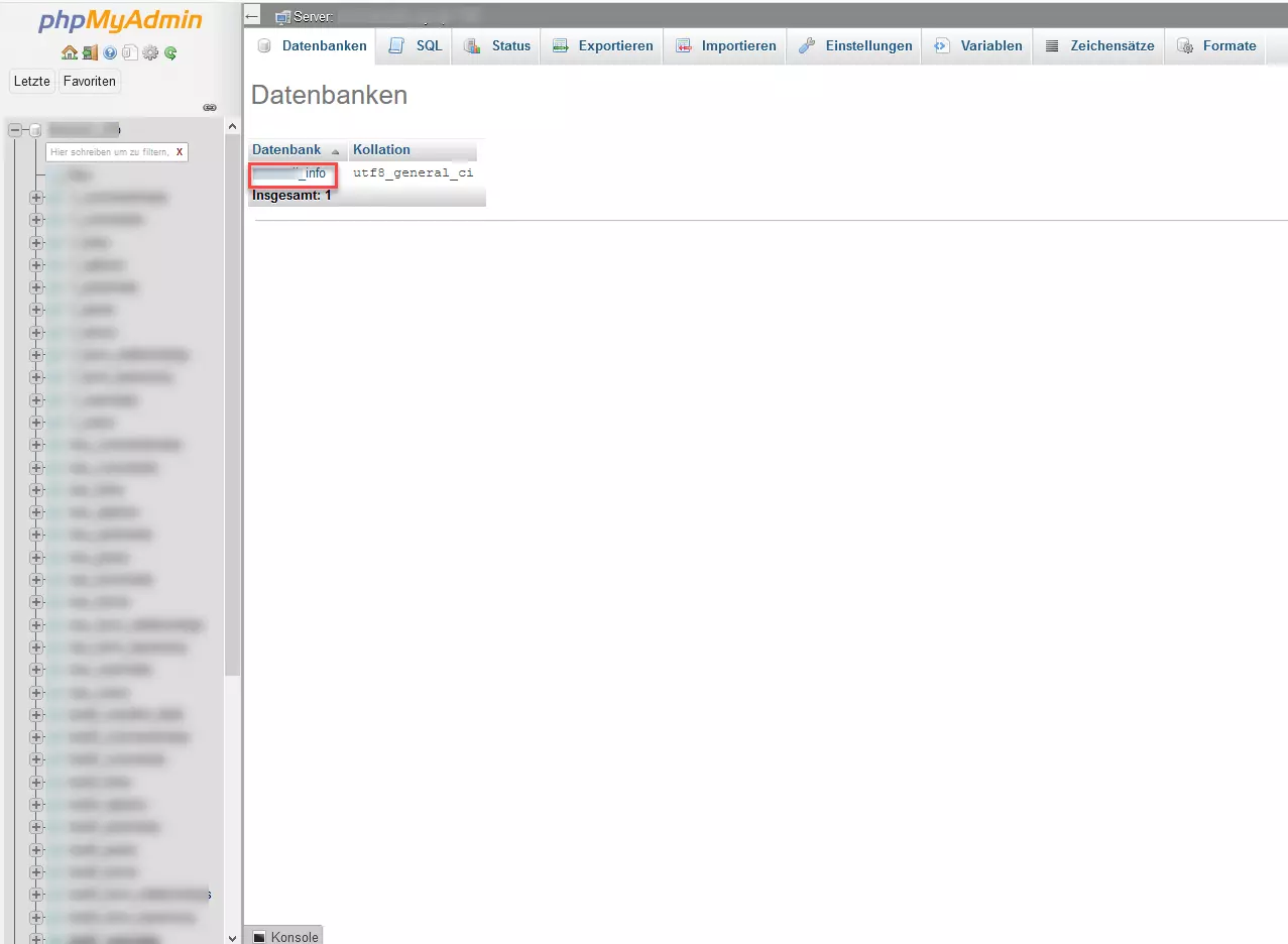phpMyAdmin – Liste der zur Verfügung stehenden Datenbanken