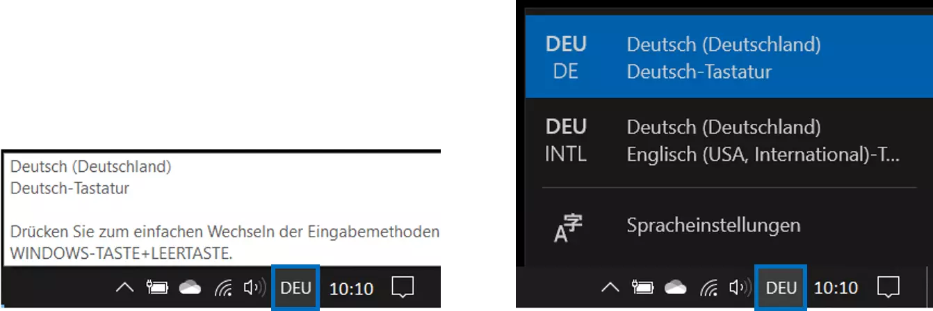Menü, um in der Taskleiste die Tastatur umzustellen