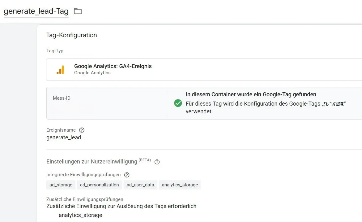 Bild: Eingerichtete Nutzereinwilligung eines GA4-Tags