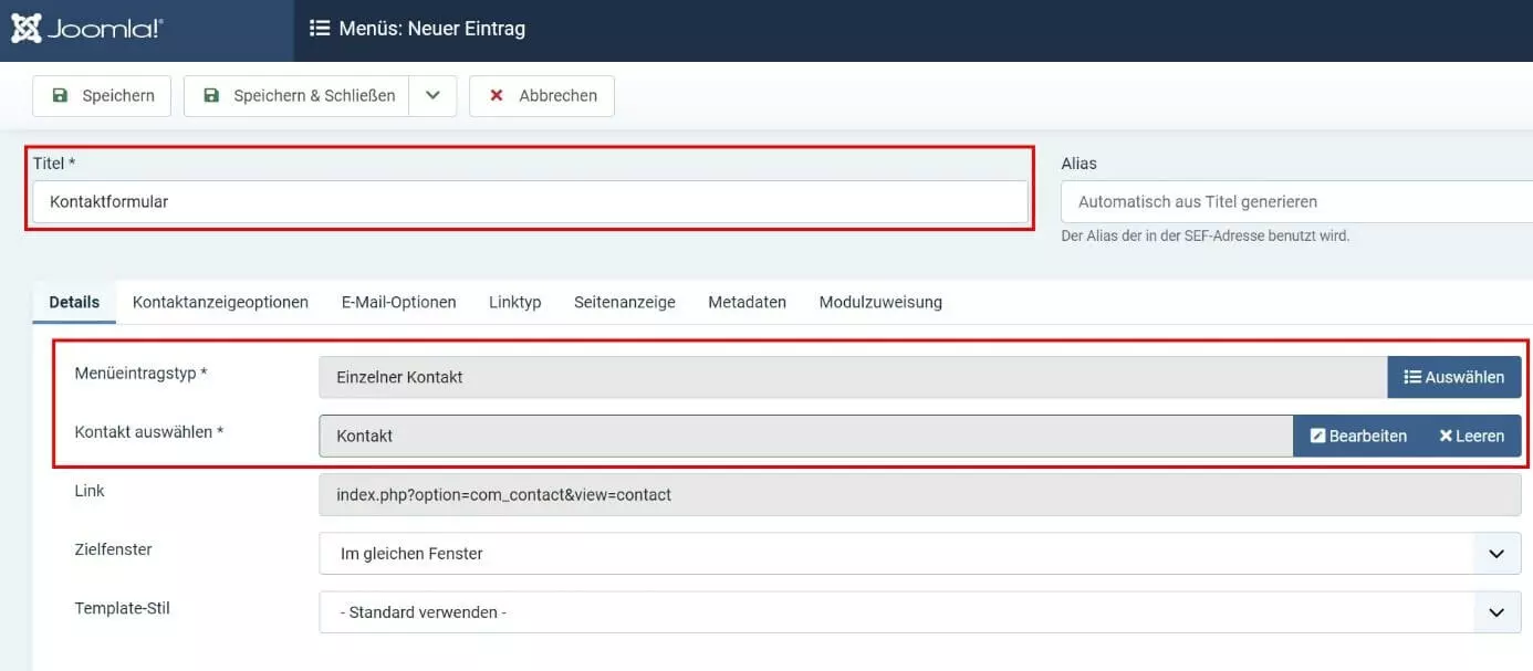Bild: Joomla-Kontaktformular erstellen im Backend