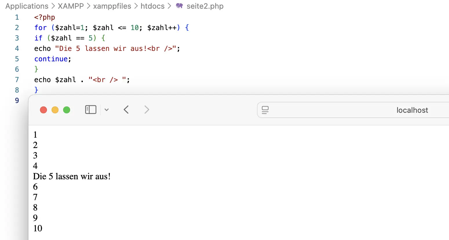 Bild: for-Schleife mit continue-Anweisung