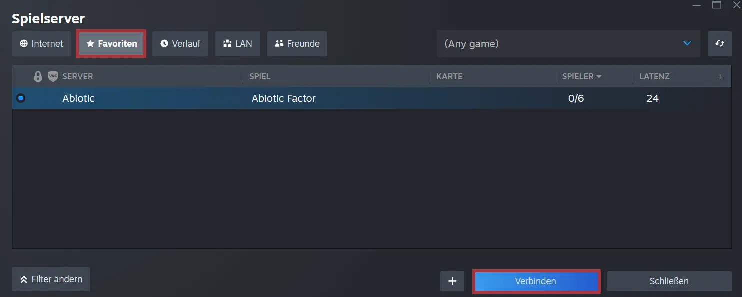 „Abiotic Factor“-Dedicated Server in der Spielserver-Übersicht Bild: „Abiotic Factor“-Dedicated Server in der Spielserver-Übersicht