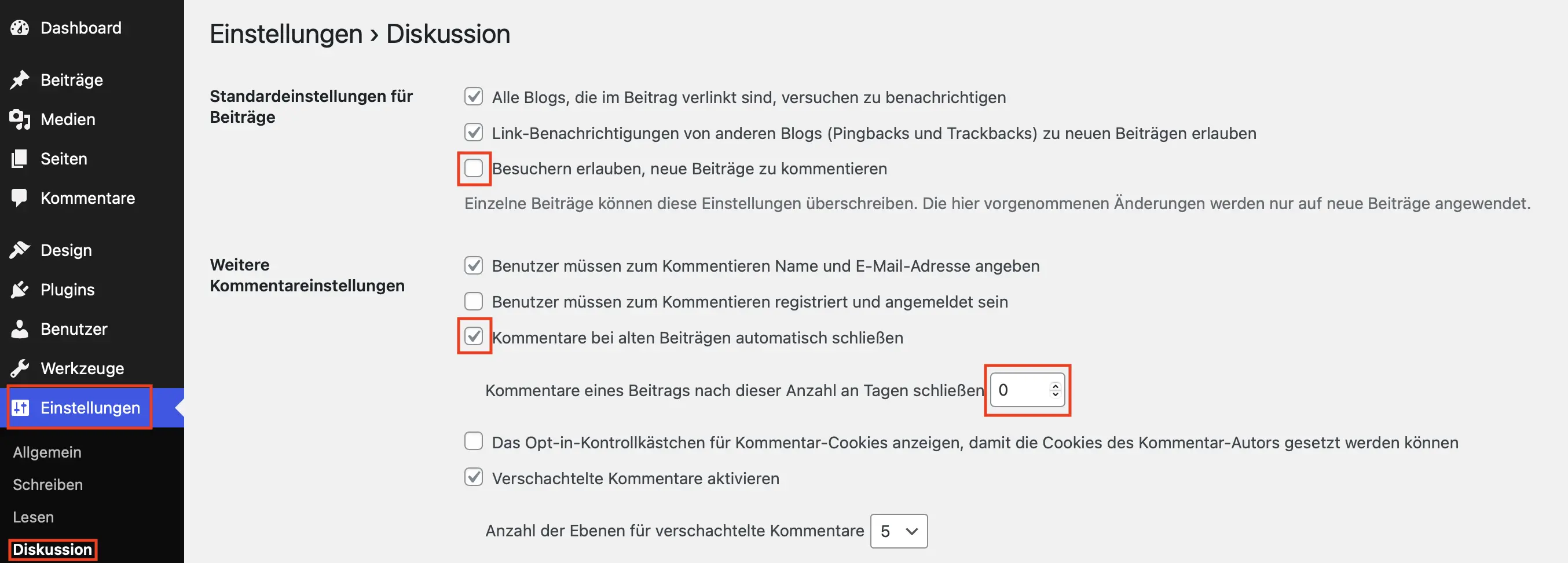 “WordPress-Backend „Einstellungen“ – „Diskussion“: Einstellungsmöglichkeiten zum Deaktivieren von Kommentaren für die gesamte Website Bild: “WordPress-Backend „Einstellungen“ – „Diskussion“: Einstellungsmöglichkeiten zum Deaktivieren von Kommentaren für die gesamte Website