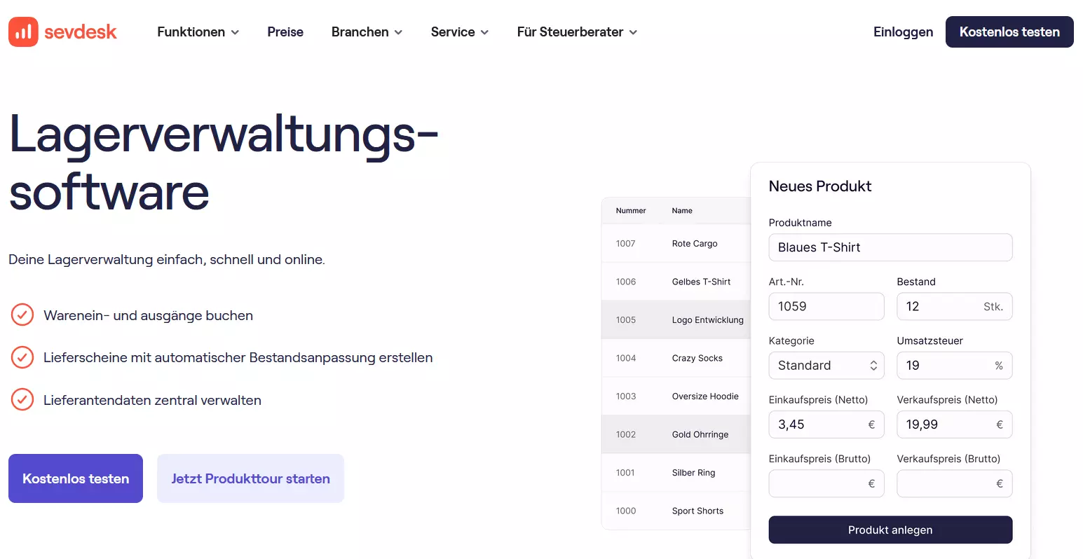 sevdesk Lagerverwaltungssoftware Bild: sevdesk Lagerverwaltungssoftware
