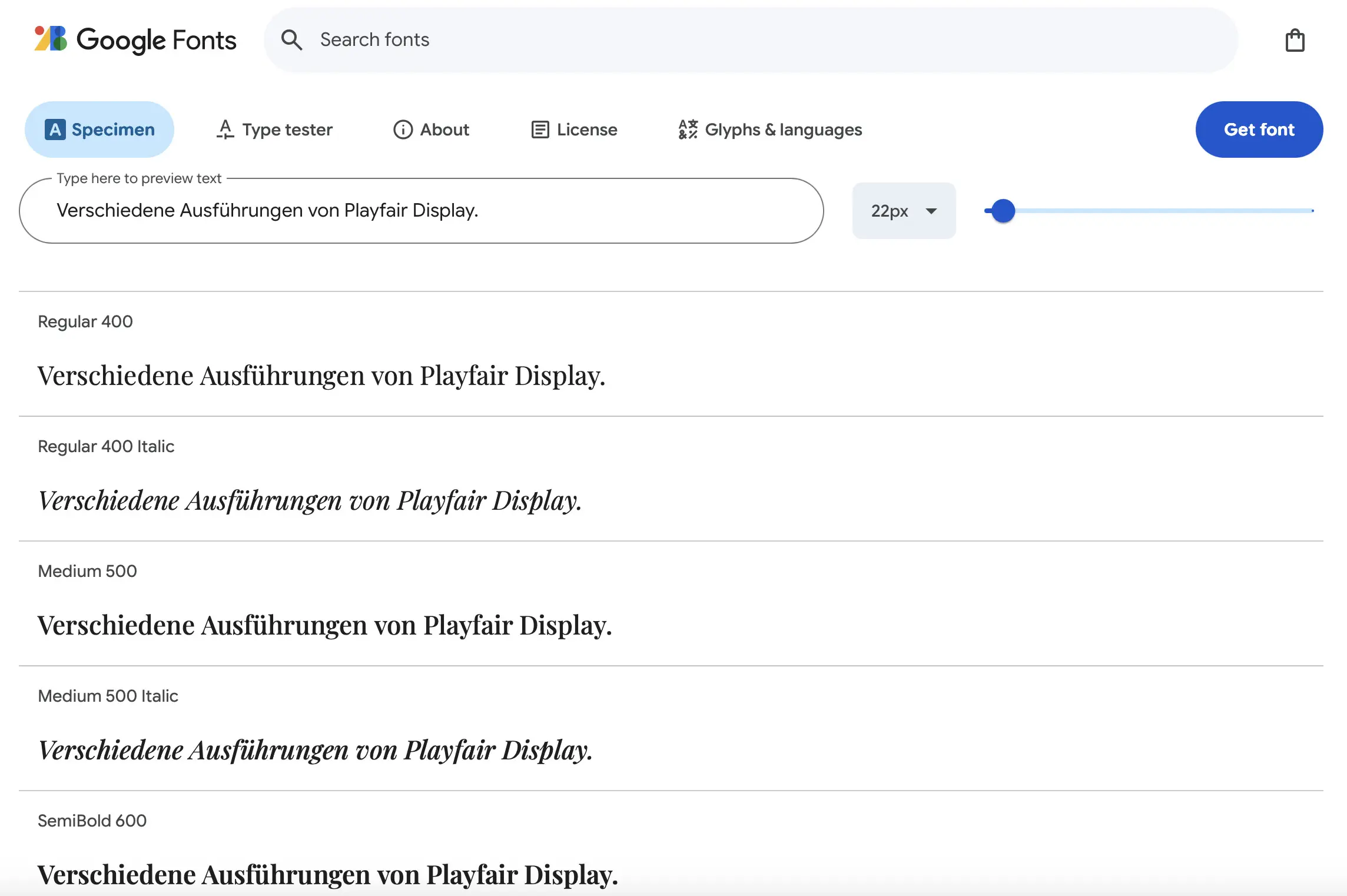 Bild: Verschiedene Ausführungen des Webfonts Playfair Display bei Google Fonts