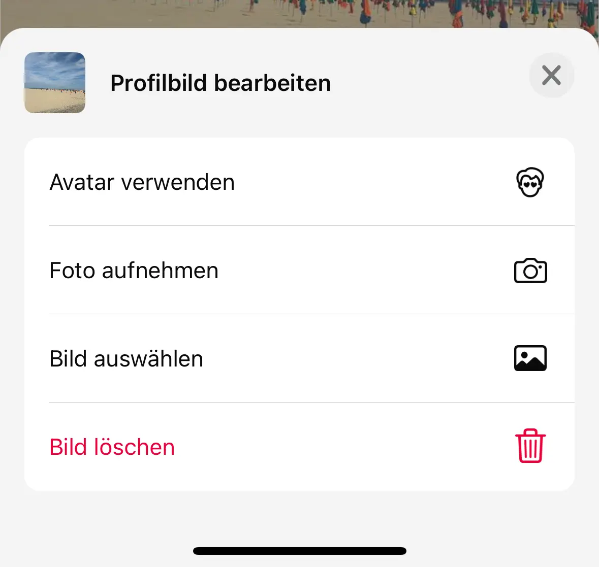 Bild: Screenshot der WhatsApp-Einstellungen „Profilbild bearbeiten“ unter iOS