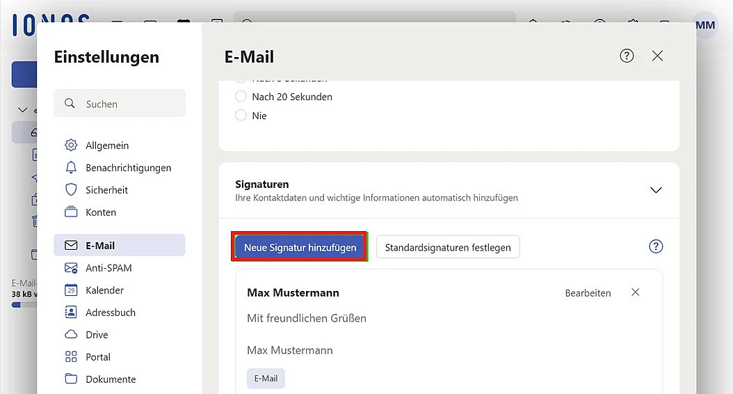 Bild: IONOS Mail: „Neue Signatur hinzufügen“