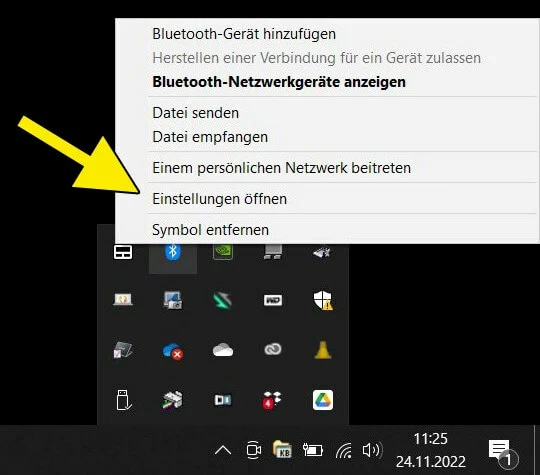 Bild: Bluetooth-Symbol: Kontextmenü mit Menüpunkt „Einstellungen öffnen“