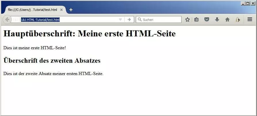 Bild der erstellten HTML-Seite mit zwei Absätzen, Haupt- und untergeordneter Überschrift