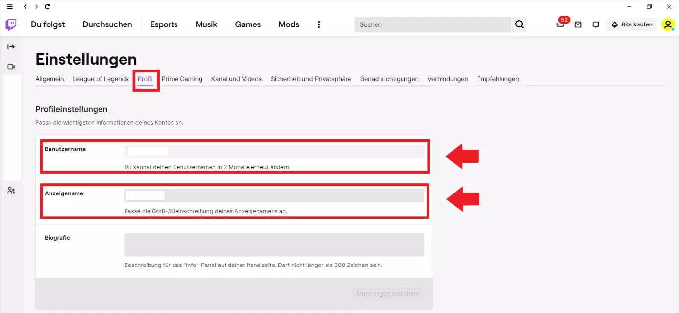 Bild: Profileinstellungen in der Twitch Desktop-App