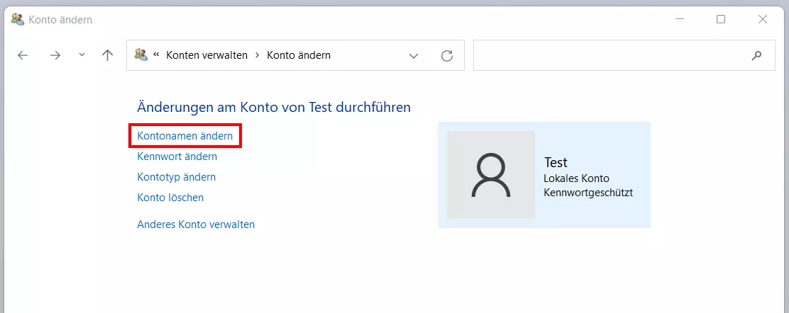 Windows-11-Fenster „Konto ändern“