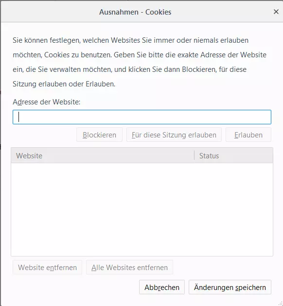 Bild: Firefox: Ausnahme-Liste für Websites, bei denen Cookies erlaubt sind