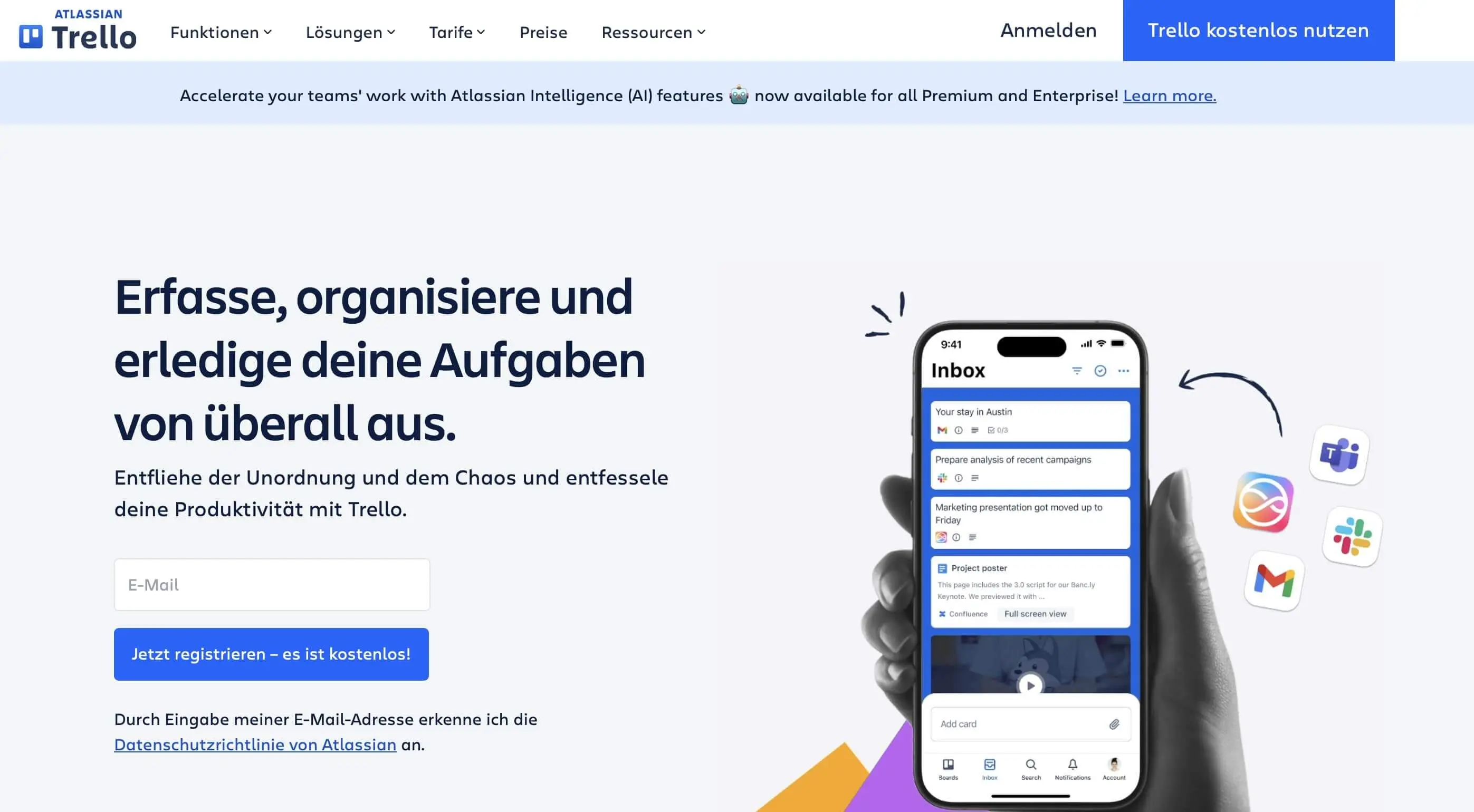 Screenshot der Homepage von Trello Bild: Screenshot der Homepage von Trello