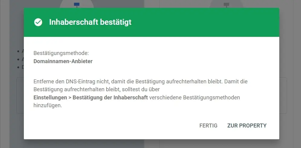 Google Search Console: Inhaberschaft bestätigt Bild: Google Search Console: Inhaberschaft bestätigt