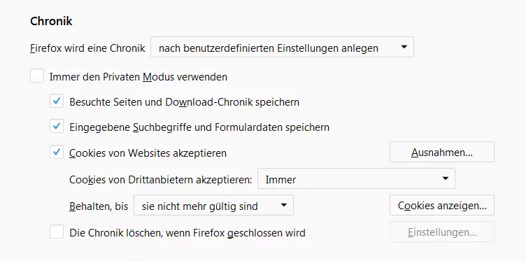 Bild: Chronik- und Cookie-Einstellungen