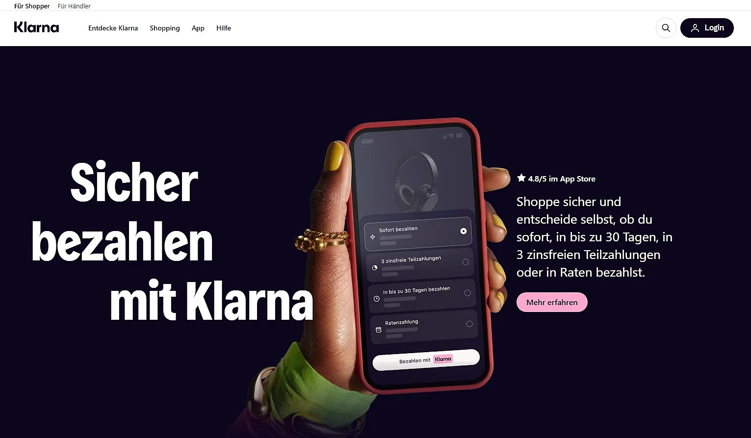 Bild: Startseite von Klarna