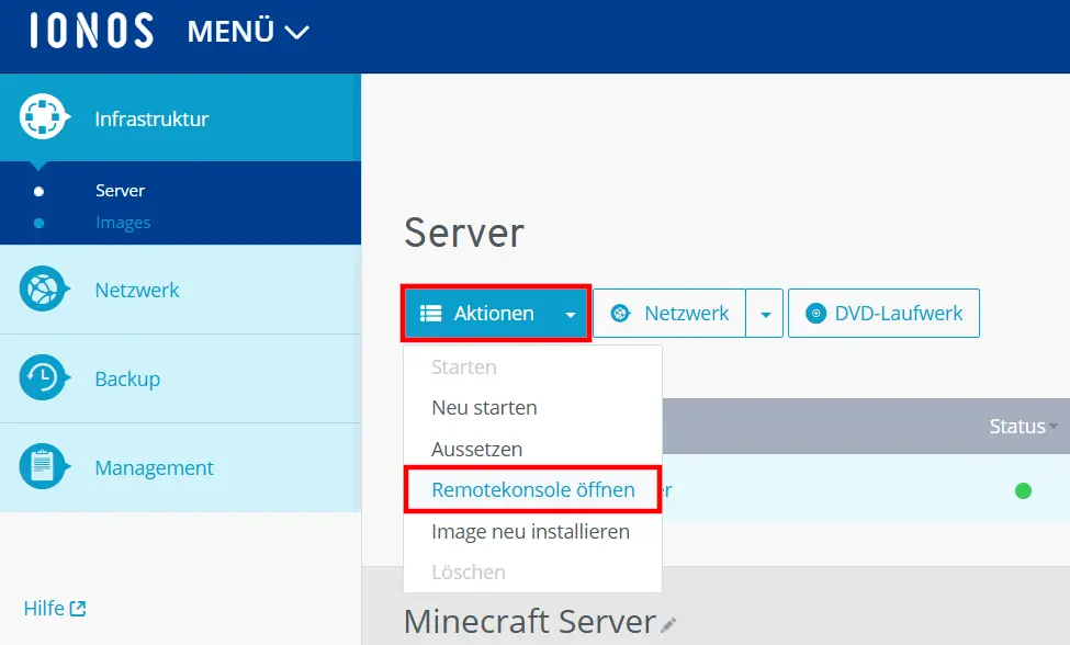 Bild: IONOS Cloud Panel: Remotekonsole öffnen
