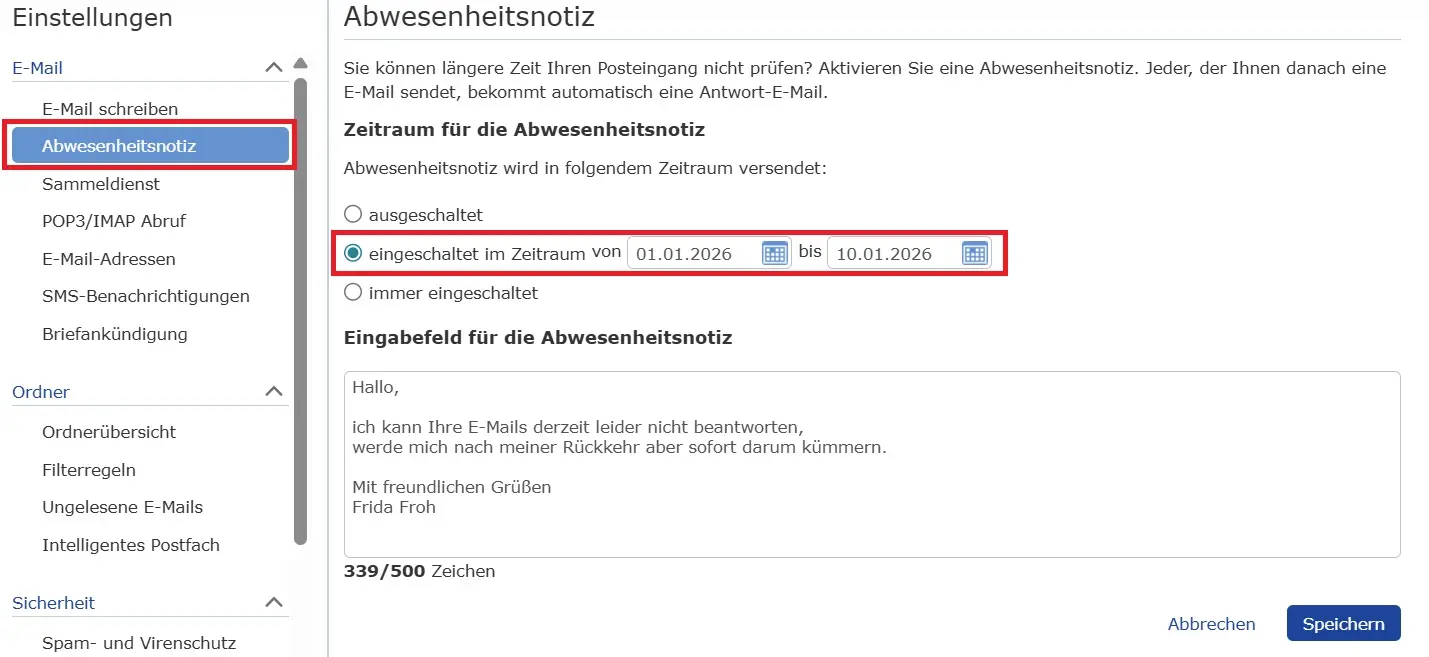 Bild: GMX-Abwesenheitsnotiz einfach konfiguriert