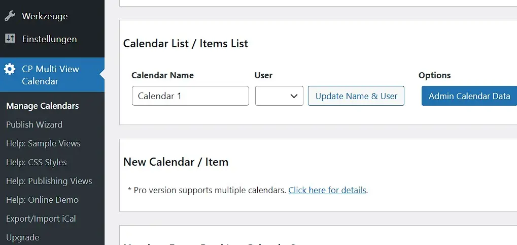 Bild: Admin-Bereich des WordPress-Kalenders CP Multi View Event Calendar