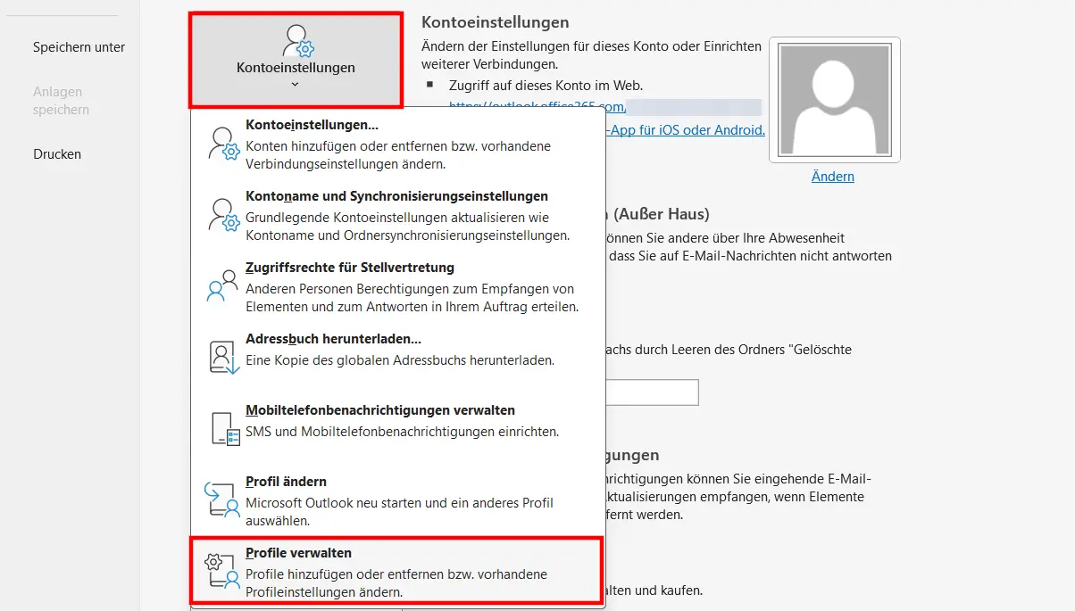 Bild: Profile verwalten in Outlook