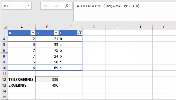 Bild: Beispiel, in dem Summen in Excel mit TEILERGEBNIS berechnet werden