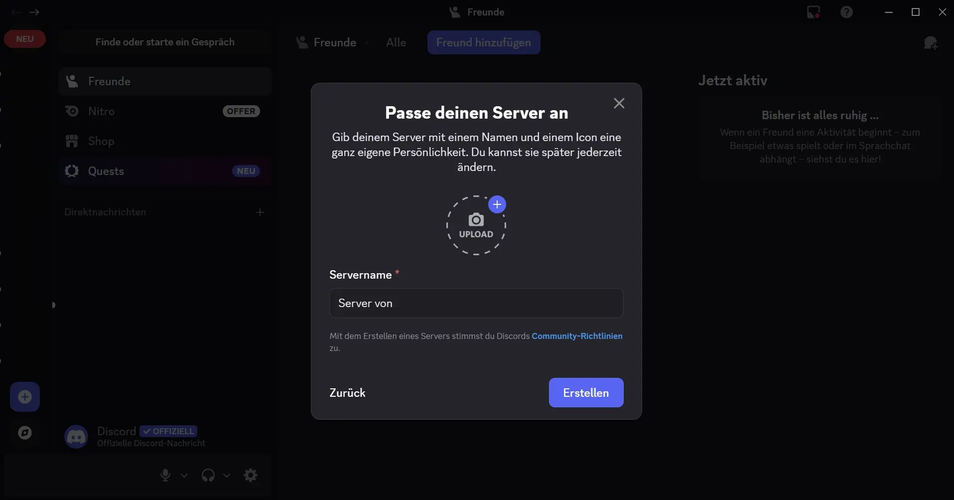 Legen Sie im Server-Menü den Servernamen fest und klicken Sie „Erstellen“ Bild: Legen Sie im Server-Menü den Servernamen fest und klicken Sie „Erstellen“
